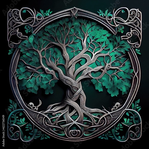 Metal Tree Logo, Walhalla Emblem, Silver Oak Tree Symbol, Abstract Generative AI Illustration