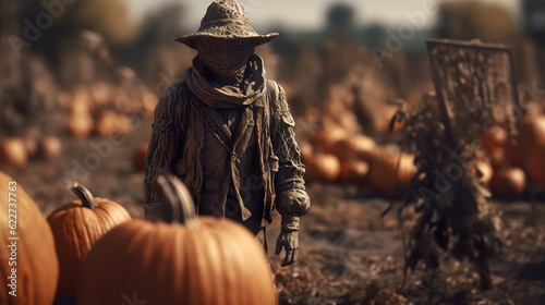 A scarecrow mounted to guard pumpkin patch. Scarecrow stands in pumpkin patch in autumn. Crop protection concept. Realistic 3D illustration. Generative AI