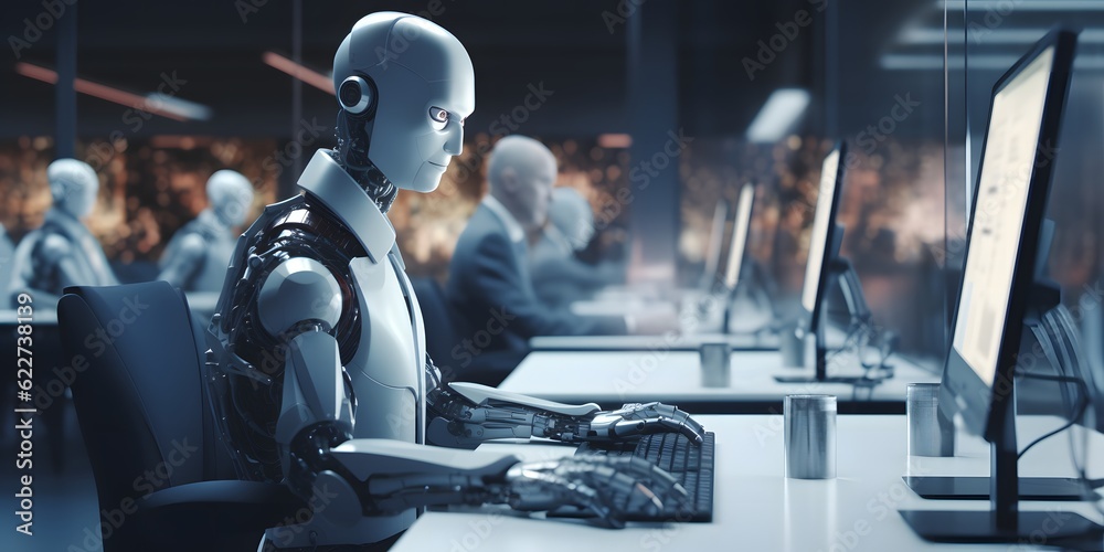 Obraz premium Robot works at laptop in modern office. Robots replacing humans in offices. Machines take people's jobs away. Unemployment. Created with Generative AI technology