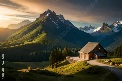 a luxury house on the top of beautiful mountains-image generated by Ai. © hasnain