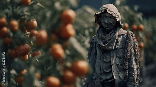 A scarecrow mounted to guard tomato plantation. Scarecrow stands on plantation in autumn against cloudy sky. Crop protection concept. Realistic 3D illustration. Generative AI photo