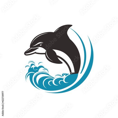 Dolphin jumping above waves logo mascot vector illustration