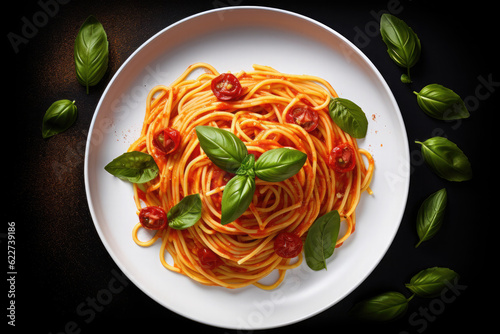 spaghetti with tomato sauce on white plate on black background. Top view photo