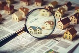 Searching for a new home in the newspaper with a magnifying glass. Home owner, real estate, realty, home loan, mortgage, investment, housing development concept. Generative AI