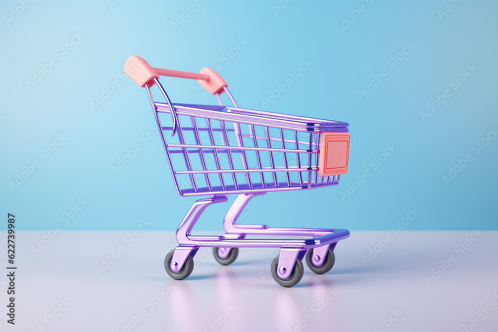 Small toy shopping cart on wheels isolated on flat background with copy space, banner template. Light pastel blue purple colors. Generative AI 3d render illustration imitation.