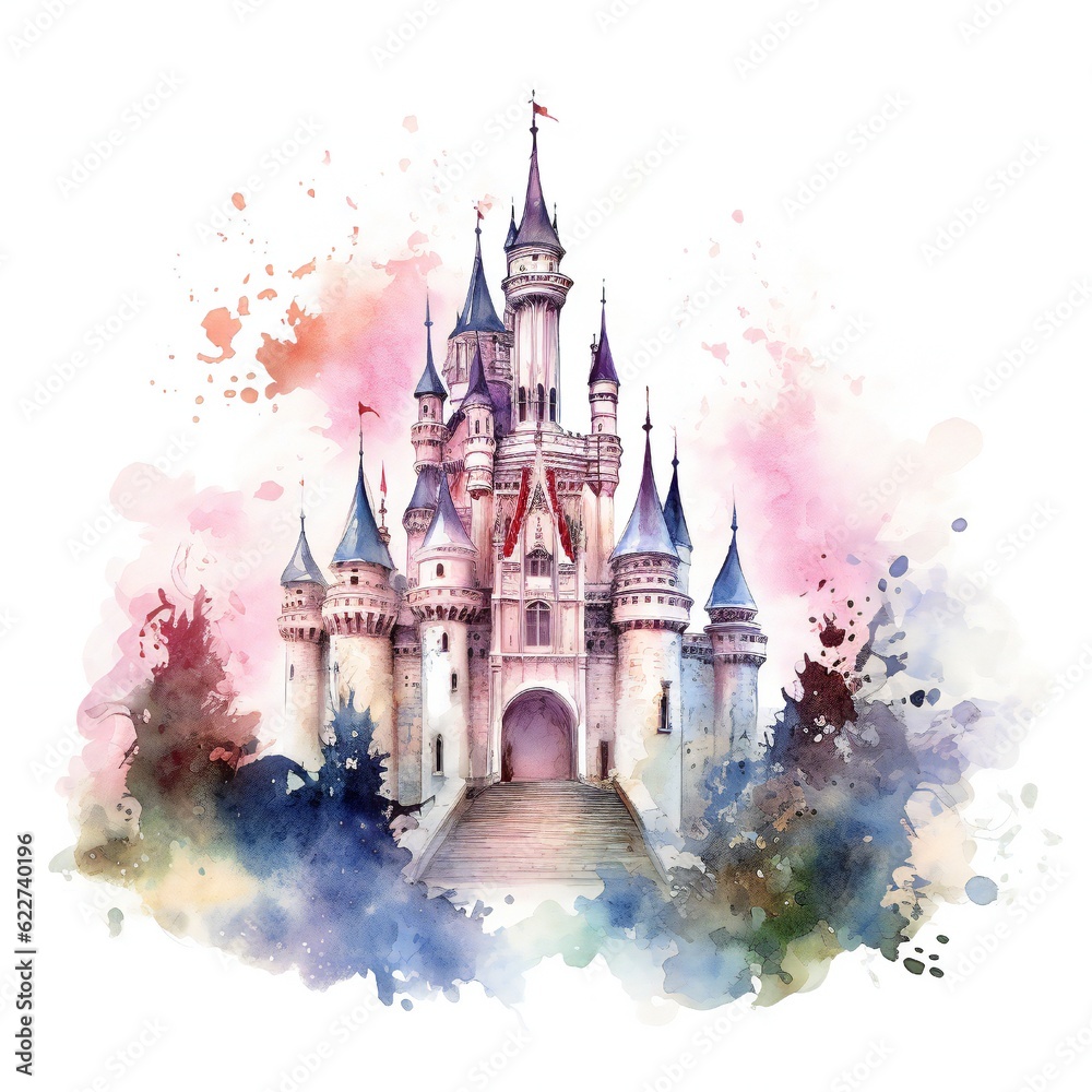 Watercolor Fairy tale Castle on white background Generative AI