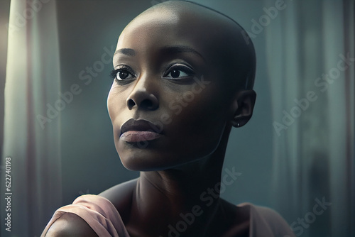 Hairless african american womanin hospital. Bald lady.