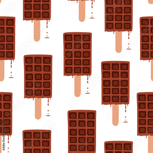 Sweet food and dessert food, vector seamless pattern of homemade corn dog waffle on a stick. Droped chocolate