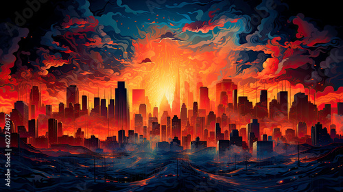 Illustration of a city sweltering under the heat from climate change - Generative AI