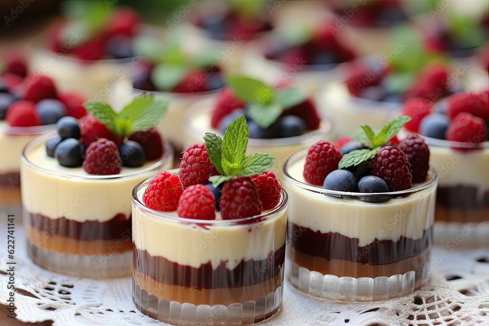 Assorted different mini cakes with cream, chocolate and berries Assorted different mini cakes with cream, chocolate and berries