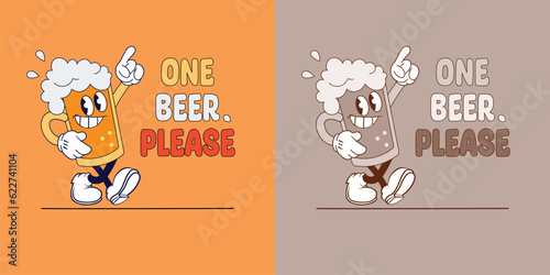 Vintage cartoon mascot, mug of beer, comic banner, vector illustration