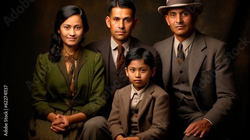 An immigrant family pose for photo in America in the 1920s - Generative AI