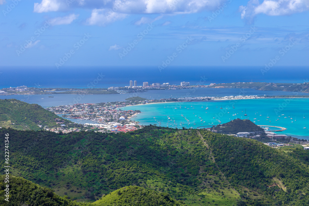 Caribbean cruise vacation, panoramic skyline of Saint Martin island from Pic Paradis lookout.
