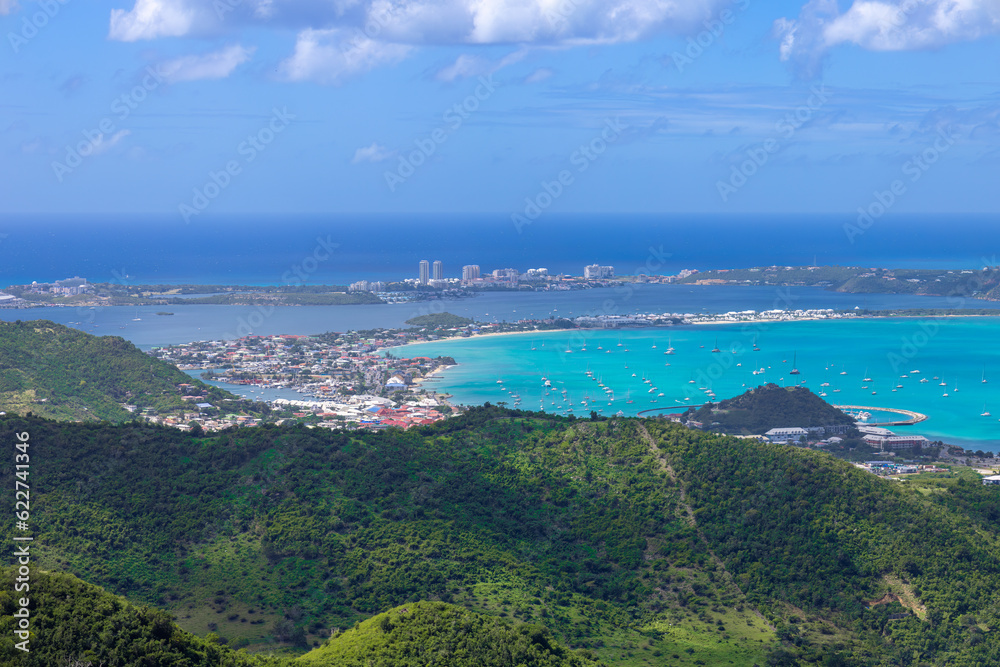 Caribbean cruise vacation, panoramic skyline of Saint Martin island from Pic Paradis lookout. Caribbean cruise vacation, panoramic skyline of Saint Martin island from Pic Paradis lookout.