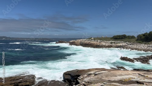 Atlantic ocean view, Relaxing, meditation background. Crashing waves by cliffs. Slow motion