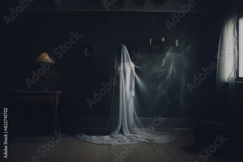 Creepy ghost woman in dark haunted house. Generative ai