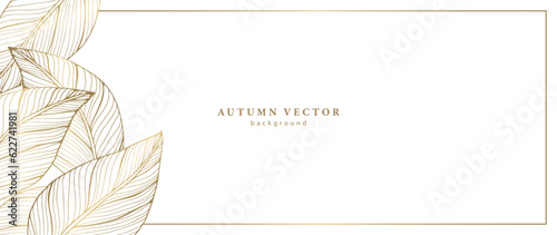 Minimalistic luxury white background with golden leaves. Autumn background for decor, wallpapers, postcards, business cards and presentations. Background for text and photo