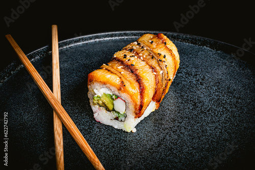sushi roll photography, japanese banana sushi, asian cuisine, delicious japanese sushi photo