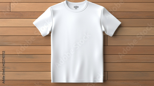 Simple white male t shirt mockup with wooden background