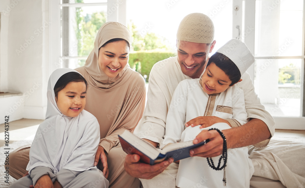Happy family, Muslim parents or children reading book for learning, Islamic knowledge or studying in Allah or God. Support, dad or Arabic mom teaching kids worship, prayer or holy Quran at home
