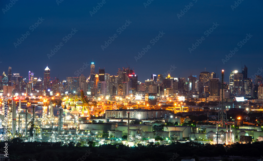 Panorama view Industry Oil refinery oil and gas refinery and port background bangkok city , Business petrochemical industrial,  oil and gas factory power and fuel energy, Fuel refinery industry