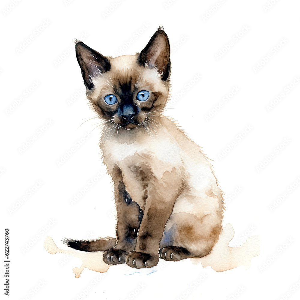 Chocolate point Siamese kitten. Stylized watercolour digital illustration of a cute cat with big blue eyes.