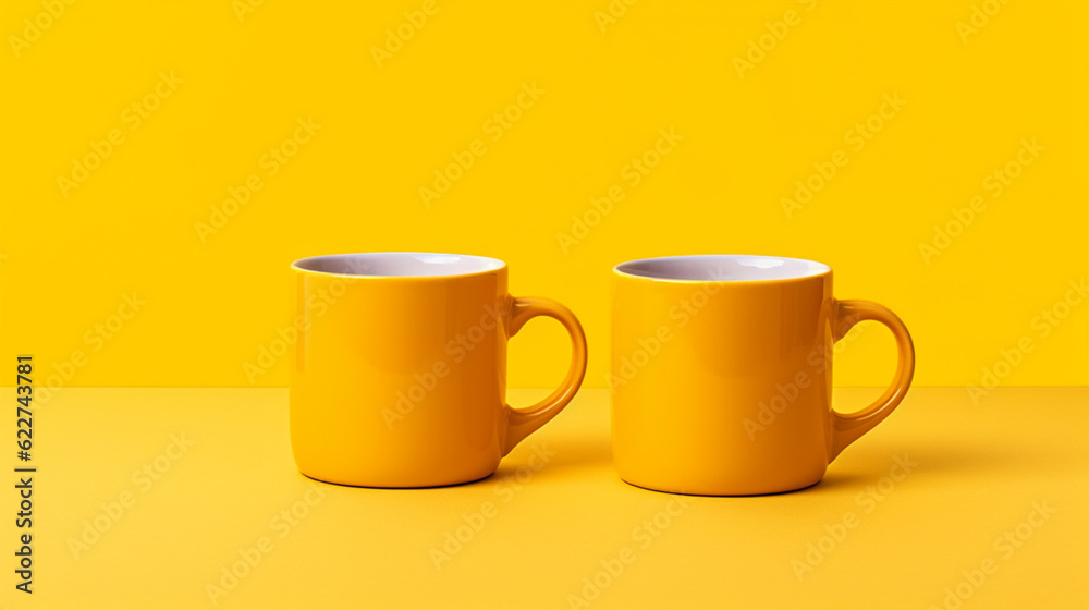 Mockup de duas canecas em um fundo amarelo - HD. Mockup de duas canecas em um fundo amarelo - HD.