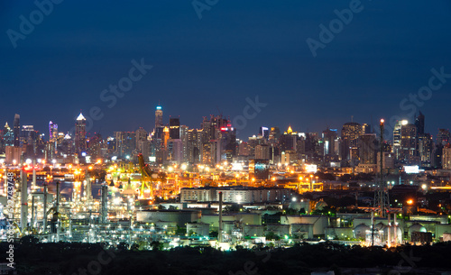 Panorama view Industry Oil refinery oil and gas refinery and port background bangkok city , Business petrochemical industrial, oil and gas factory power and fuel energy, Fuel refinery industry