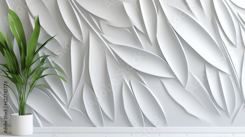 White 3D tiled textured background with geometric leaves.
