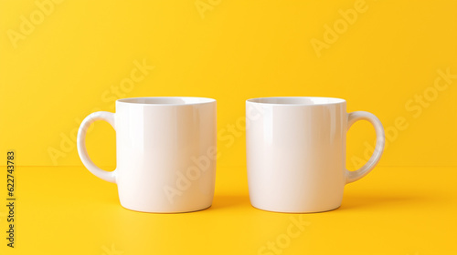 Mockup de duas canecas em um fundo amarelo - HD.