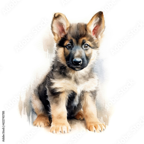 German shepherd puppy. Stylized watercolour digital illustration of a cute dog with big eyes.