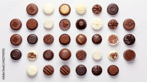top view of various chocolate pralines isolated on white background