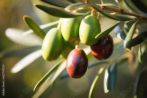 Olives on a branch of olive tree. Generative AI. 