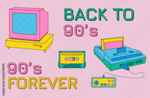 Set of retro games console, computer and cassette tape. 2000s style technology. Old style gadgets. Nostalgia set of 1990s, 2000s electronics devices. Retrowave style vector illustration