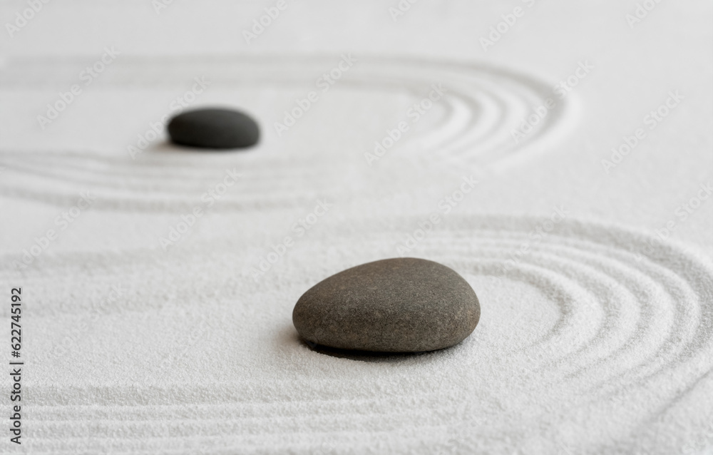 Zen Garden with Grey Stone on White Sand Line Texture Background, Top