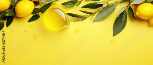 Radiant Beauty Essentials: Bright Flatlay Composition with Oil, Citrus, and Eucalyptus on Yellow Background. Concept of Natural Vitamin Cosmetic Products, Skincare. Copyspace, Top View, Banner
