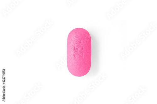 25mg Pink diphenhydramine allergy pill isolated on white background with shadow photo