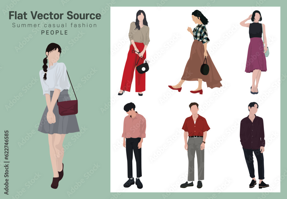 Summer office workers, young people, go to work, get off work, fashion look, collection of silhouettes of people