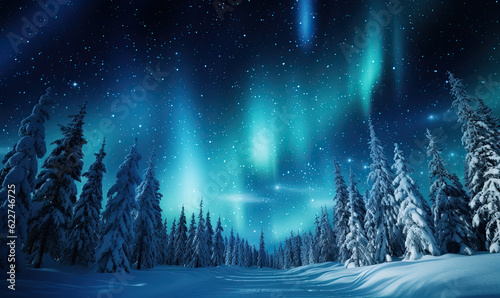 landscape with forest at winter with northern lights. 