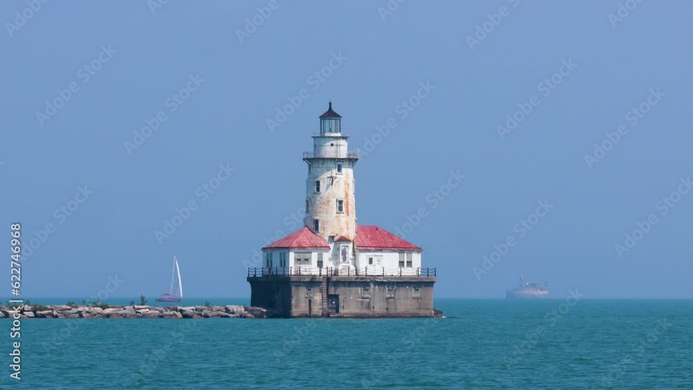 Close up view of Chicago Harbor Lighthouse in the middle of Lake Michigan. Close up view of Chicago Harbor Lighthouse in the middle of Lake Michigan.