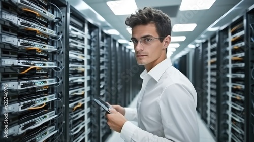 Young engineer working in data center server room.