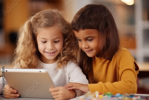 Two preschool students looking at something on a digital tablet together.