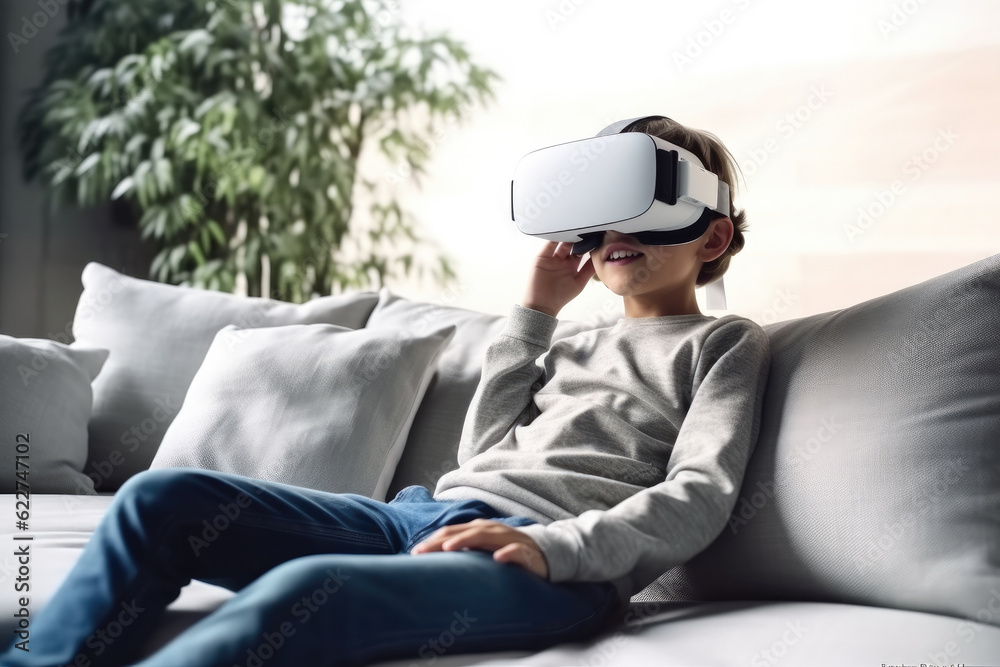 Boy wearing virtual reality simulator while sitting on sofa in the living room at home, Playing virtual reality simulation games. Boy wearing virtual reality simulator while sitting on sofa in the living room at home, Playing virtual reality simulation games.