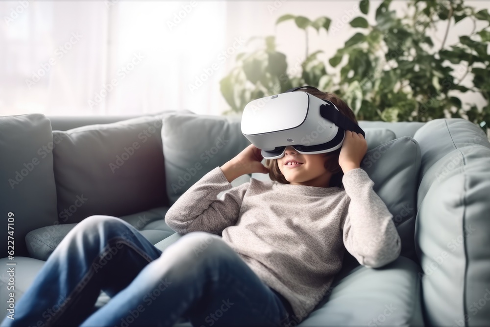 Boy wearing virtual reality simulator while sitting on sofa in the living room at home, Playing virtual reality simulation games. Boy wearing virtual reality simulator while sitting on sofa in the living room at home, Playing virtual reality simulation games.