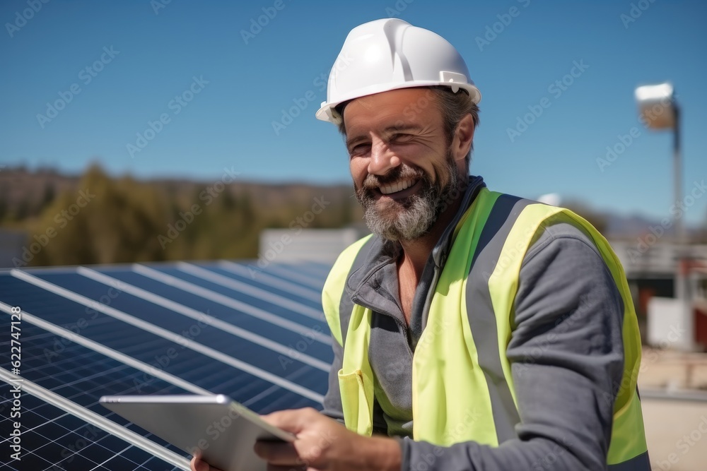 Technician working outdoor on ecological solar farm construction. Renewable clean energy technology concept. Technician working outdoor on ecological solar farm construction. Renewable clean energy technology concept.