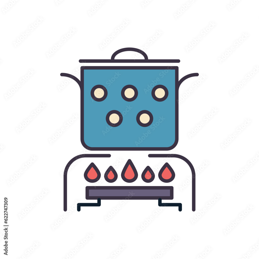 Hot cooking food related vector icon. The pan is on the gas burner. Hot cooking food sign. Isolated on white background. Editable vector illustration Hot cooking food related vector icon. The pan is on the gas burner. Hot cooking food sign. Isolated on white background. Editable vector illustration