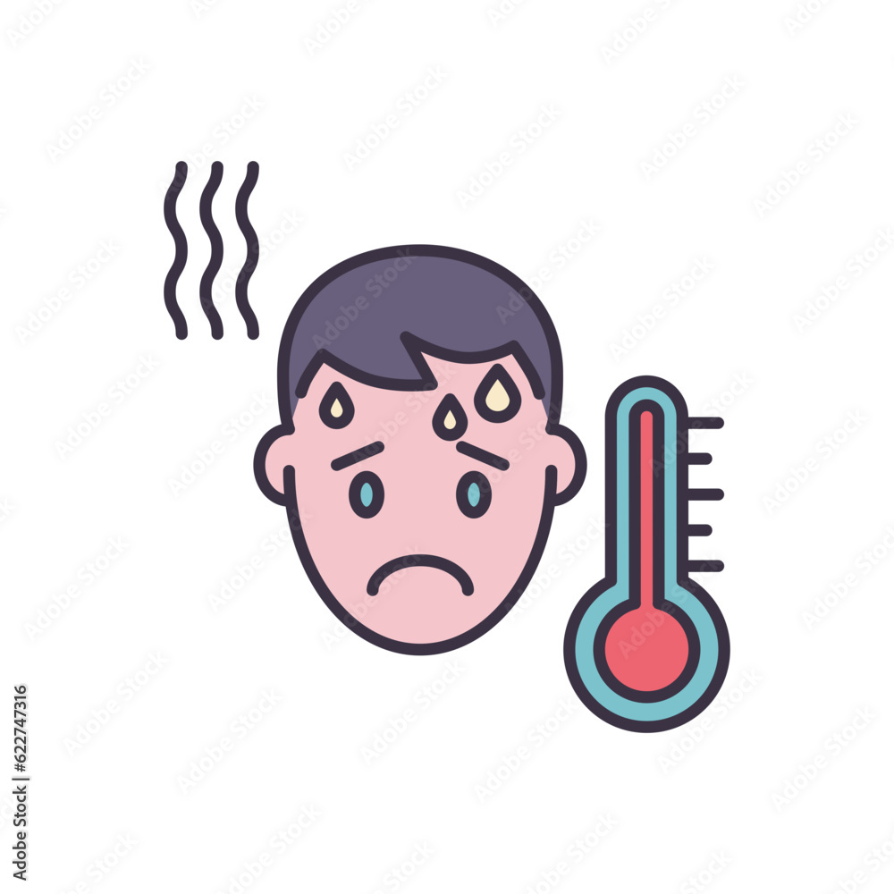 High body temperature related vector icon. Man head and high temperature thermometer. High temperature sign. Isolated on white background. Editable vector illustration