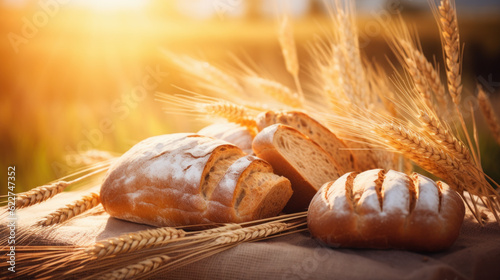 rustic and homemade bread on wheat field