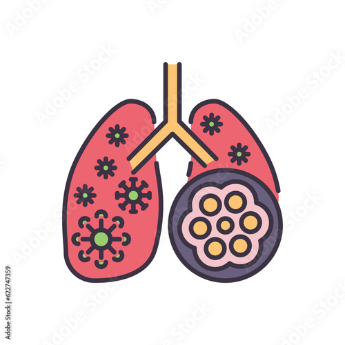 Pneumonia related vector icon. Lungs with alveoli and coronavirus. Pneumonia sign. Isolated on white background. Editable vector illustration