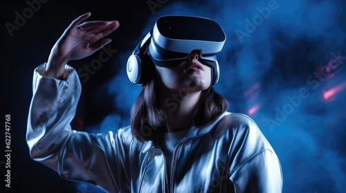 Young woman wearing VR goggles and touching air while having virtual reality experience in neon light.